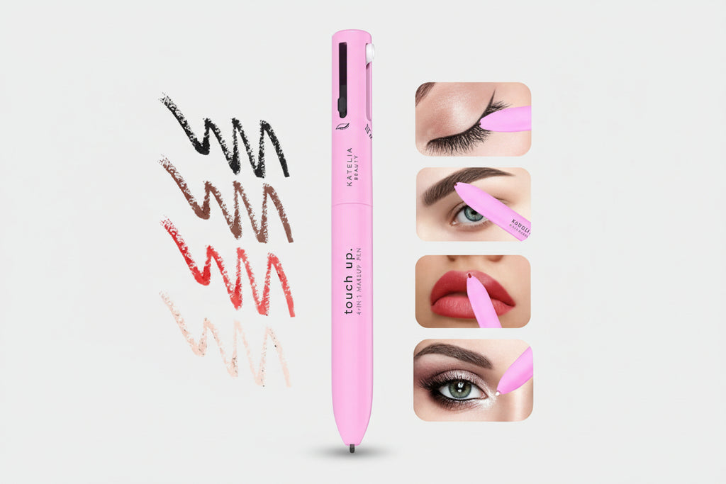 Pink touch-up pen with color swatches and application examples on a white background