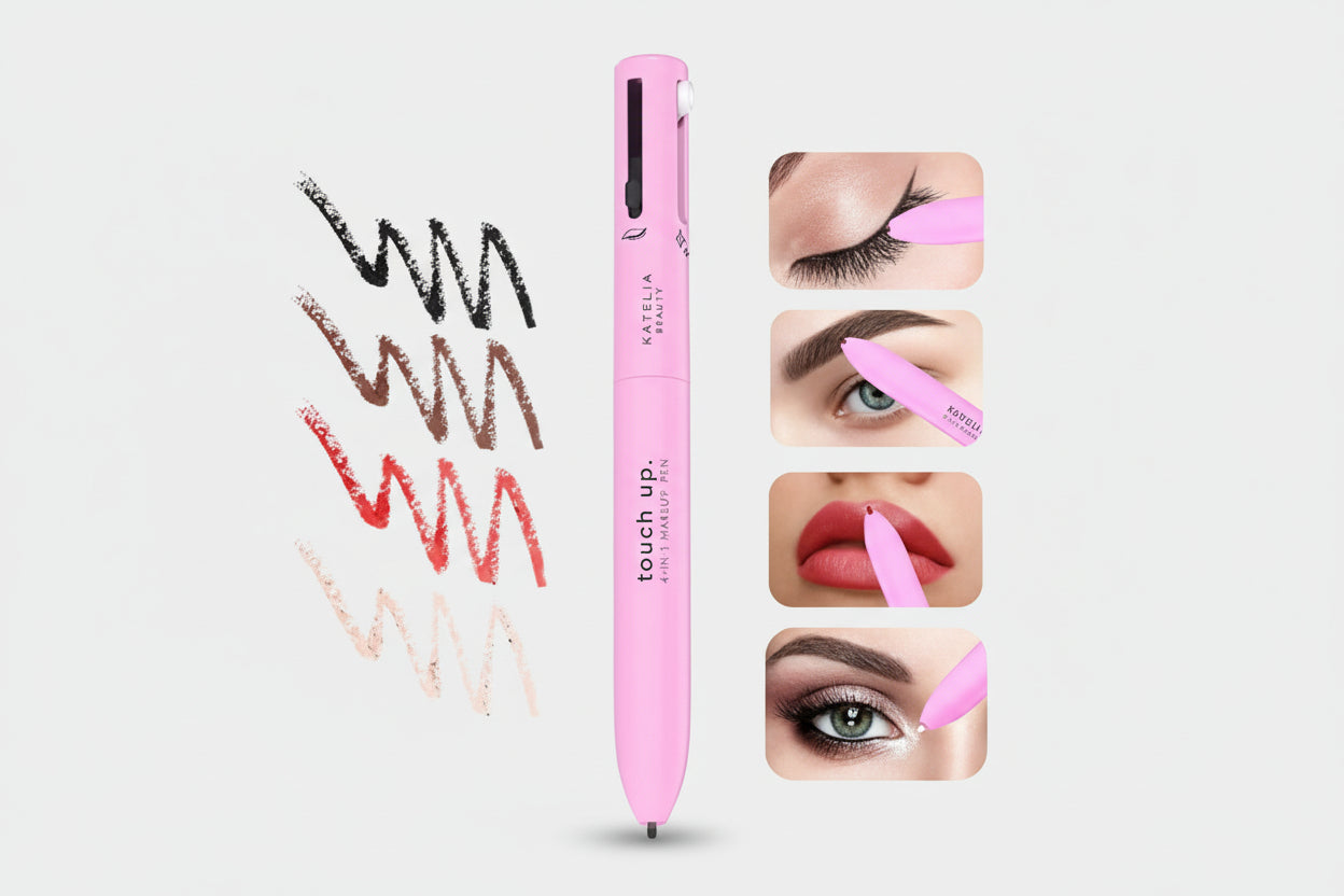 Pink touch-up pen with color swatches and application examples on a white background